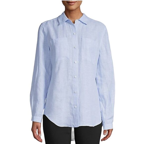 Lord & Taylor 100% Linen Hi Low Button Down Shirt Long Sleeve Light Blue XL - Picture 1 of 8